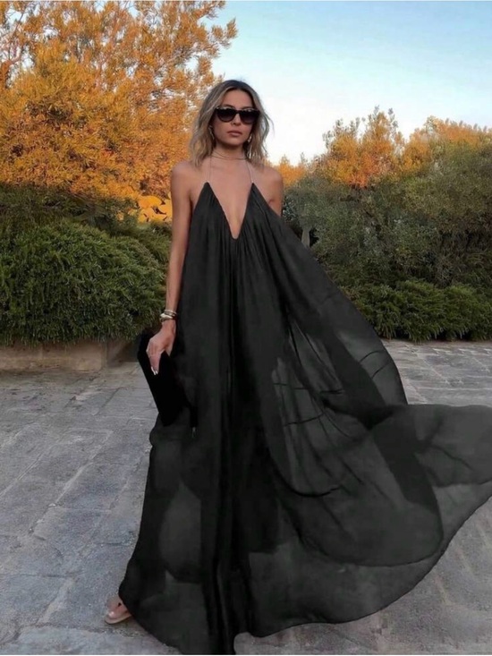 Dresses & Skirts - Elegant Black Chiffon Halter Deep V Open Back Flowy Maxi Dress – Size Small